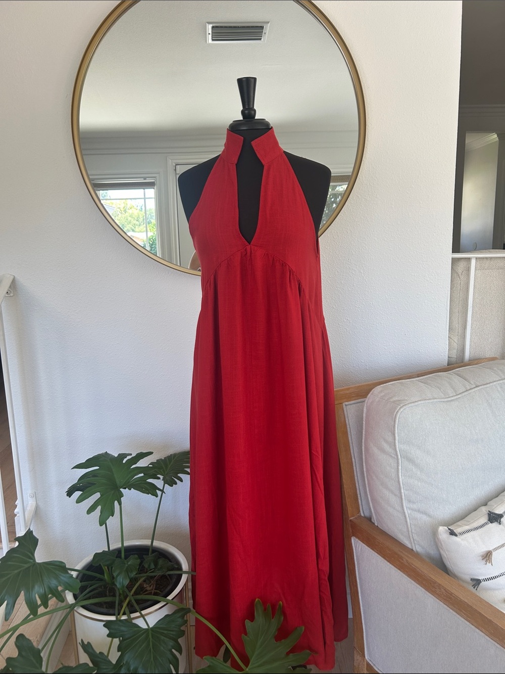 NWOT - Red Halter Maxi Dress - Sleeveless Keyhole Halter Neck